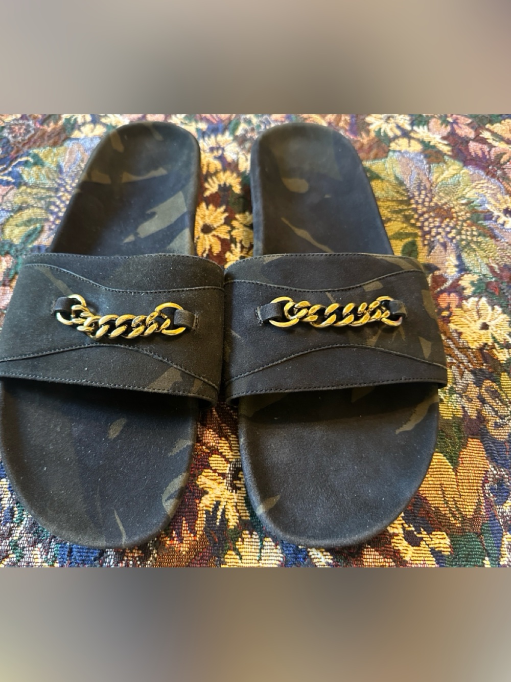Tom Ford Camouflage Suede Olive Green Gold Chain Accent Men’s Sandals Size 11 T - Picture 3 of 8